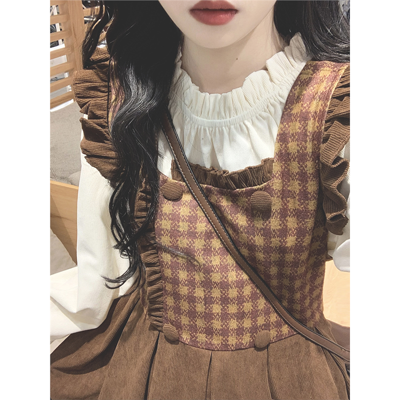 法式复古灯芯绒格纹连衣裙