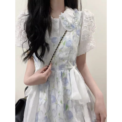 少女学院风娃领碎花连衣裙