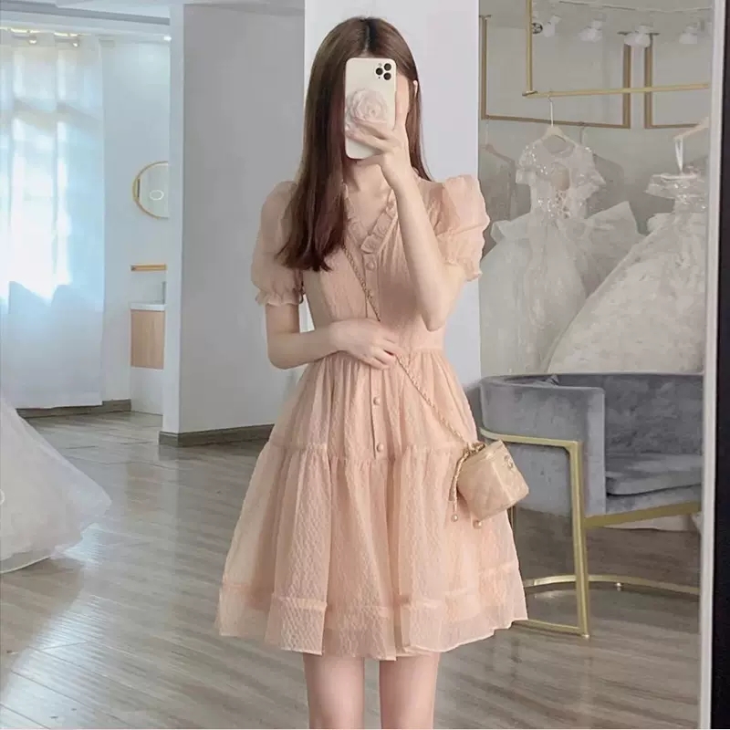 森系超仙泡袖小个子粉色桔