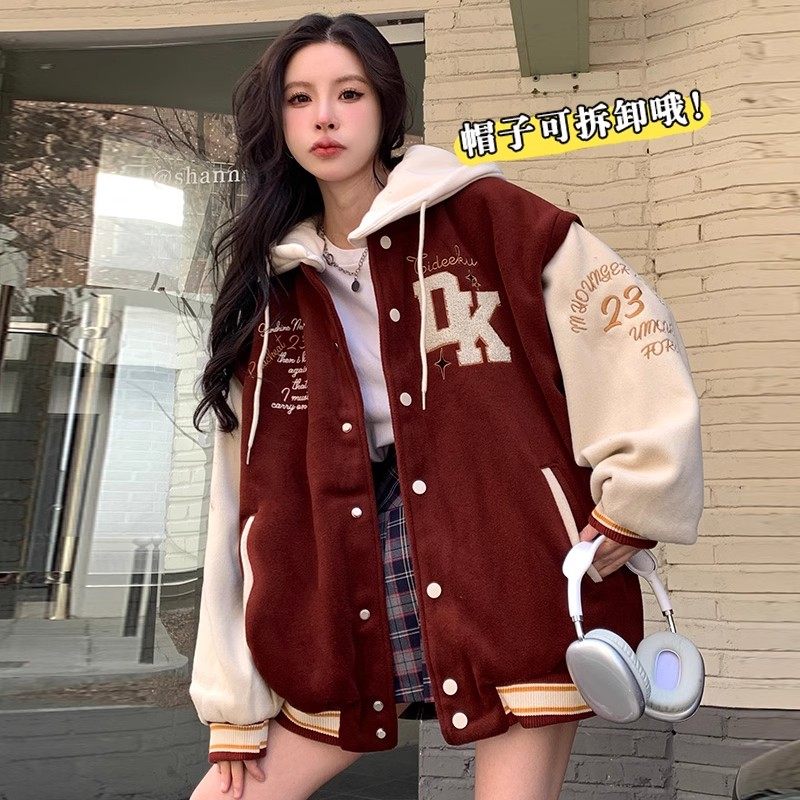 假两件酒红色棒球服少女早春秋2025新款初中高中学生休闲美式外套