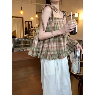 设计感新款 上衣潮流 复古格子小吊带背心夏季 显瘦方领外穿短款
