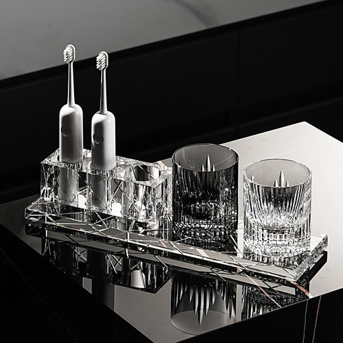 意式极简刻线奢华洛水晶电动牙刷架置物高端K9水晶漱口杯牙具套装