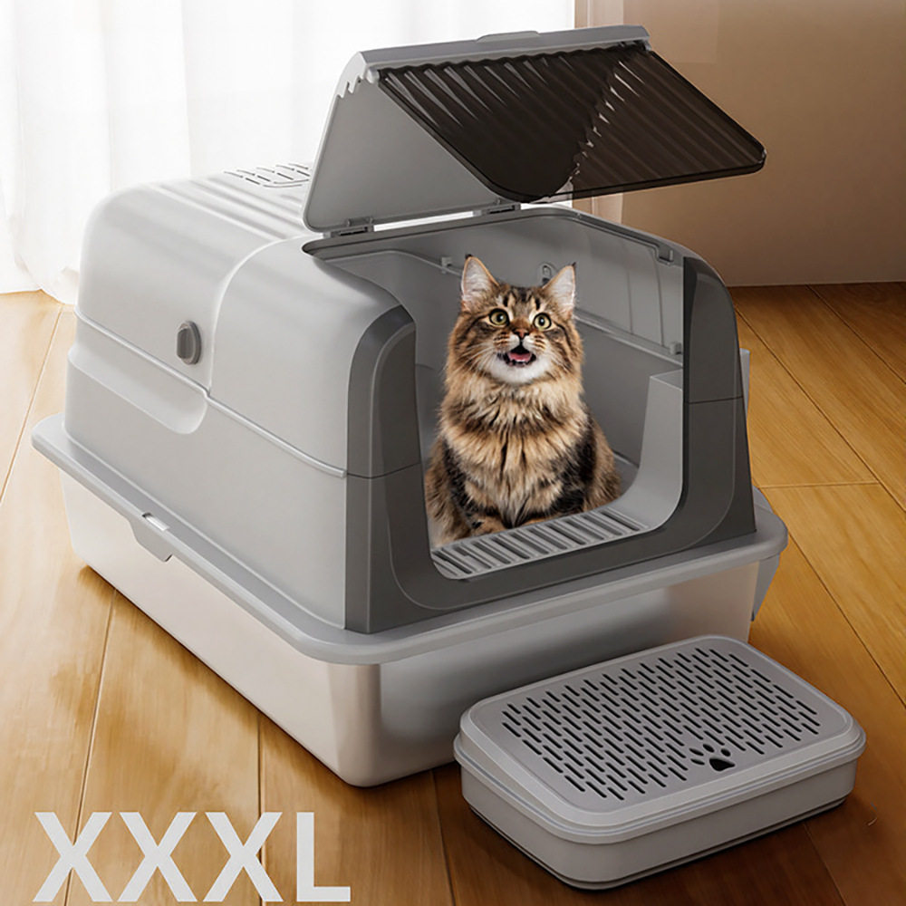 跨境不锈钢猫砂盆超大号半封闭式猫厕所防外溅耐抓猫砂盆宠物用品