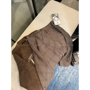 MMUIICHAN 枯秋 不规则花边棕色系秋冬百搭撞色格子半身裙