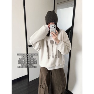 MMUIICHAN 餐具线圈卫衣 卫衣面料反做颜色很好看的印花套头卫衣