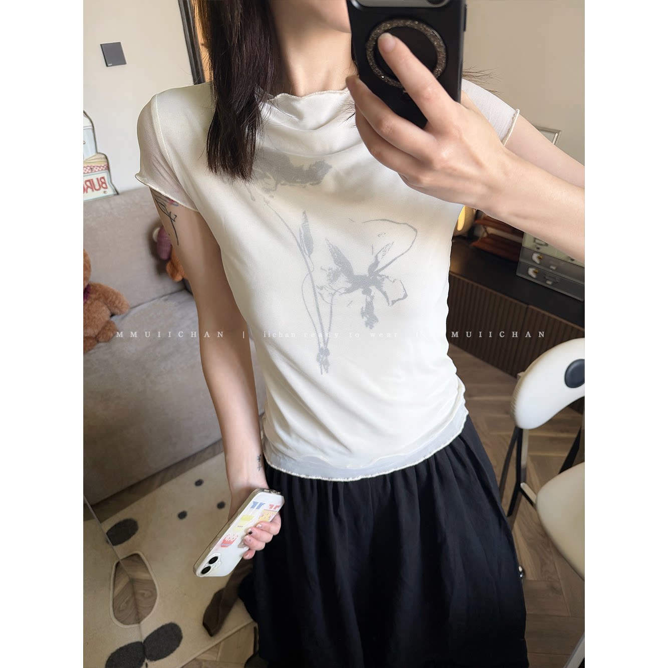 MMUIICHAN 新中式网纱T恤 自制双层面料 若隐若现的花朵 印花短袖
