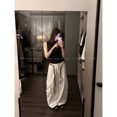 MMUIICHAN 口袋白牛仔 百搭休闲阔腿四季款牛仔裤