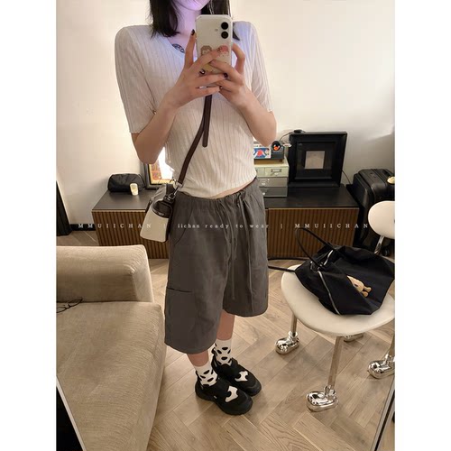 MMUIICHAN 开春福利款~ 灰色膝上松紧腰软糯阔腿休闲百搭短裤