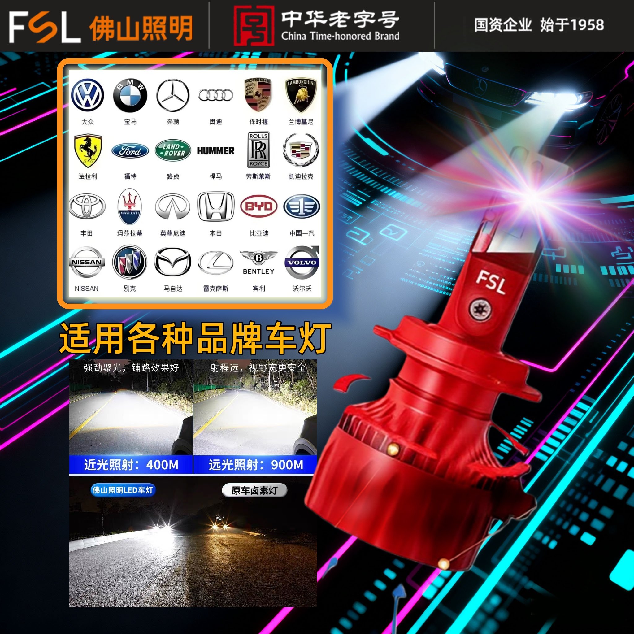 佛山照明白光超亮LED大灯强光车灯H7H1H4 9005超激光透镜灯泡9012