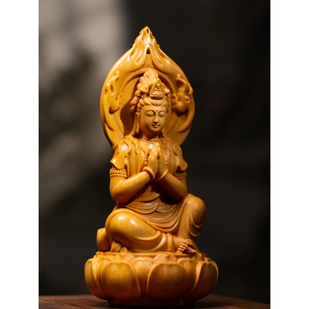 小叶黄杨木雕刻玄关汽车佛像供奉摆件工艺品收藏合掌观音