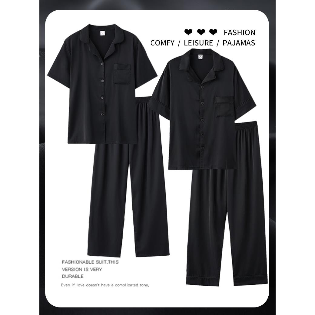芝桃鸟2025新款夏季冰丝黑色男女款睡衣仿真丝绸短袖长裤情侣套装