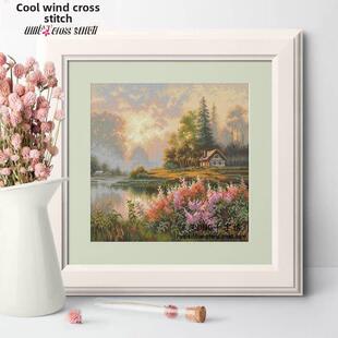 凉风Dmc线十字绣套件客厅新挂画装饰画A651湖边晨全绣印花