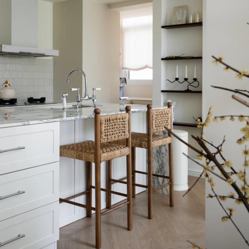 蜗牛造物 北欧实木藤编餐椅家用简约靠背椅休闲编织吧台椅凳子