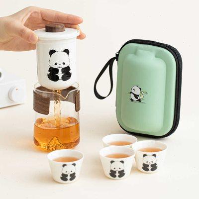 文创礼物熊猫陶瓷快客杯一壶四杯便携式旅行茶具户外露营泡茶装备