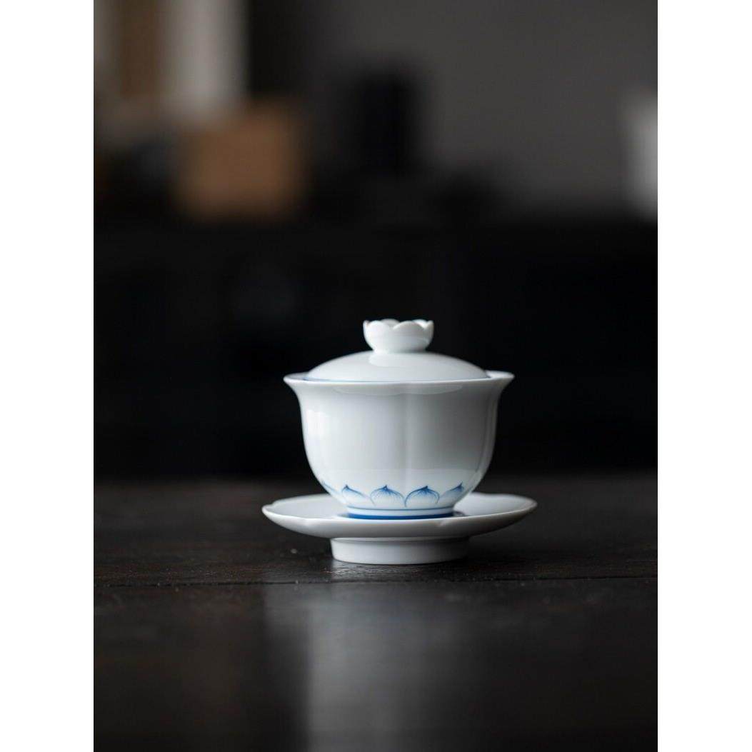 手绘青花白瓷莲花盖碗茶杯单个高档三才小泡茶碗陶瓷功夫茶具套装,餐饮具,盖碗,淘宝优惠券,粉丝福利购,淘宝优惠卷