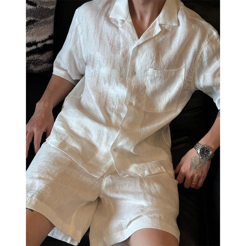 老钱风休闲套装男士夏季薄款潮牌亚麻衬衫短裤慵懒风度假穿搭一套