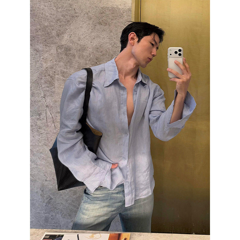浅蓝色亚麻衬衫男夏季薄款松弛慵懒高级感长袖衬衣老钱风防晒外套