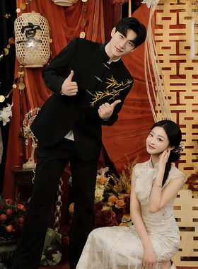 新中式金竹刺绣中山装男装结婚订婚礼服套装立领夹克伴郎西装外套