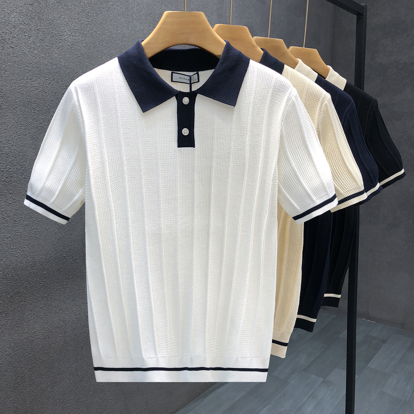 撞色翻领轻熟风男士polo领短袖毛衣夏季潮流百搭休闲半袖针织t恤