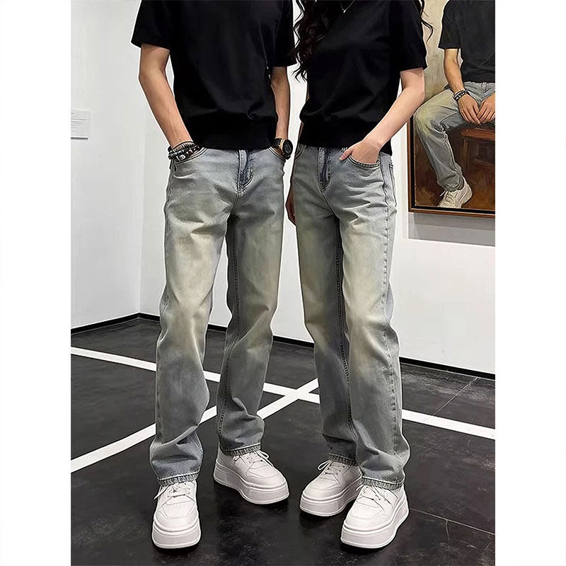 浅蓝色窄版修身牛仔裤男夏季薄款潮牌美式复古休闲裤子宽松直筒裤