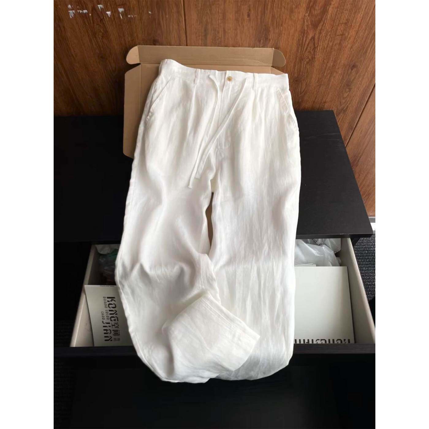 老钱风天丝亚麻西装男士夏季薄款匆宽松抽绳直筒裤垂感阔腿休闲裤