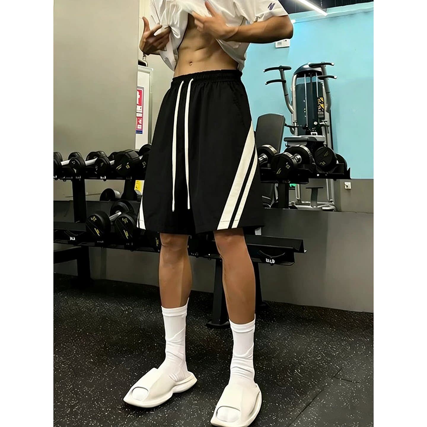 黑色条纹速干健身短裤男夏季薄款冰丝运动裤子美式休闲直筒五分裤