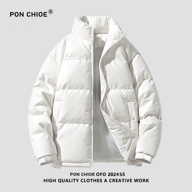 ponchioe潮牌冬季立领pu皮棉衣男情侣面包服休闲加厚皮棉服外套潮