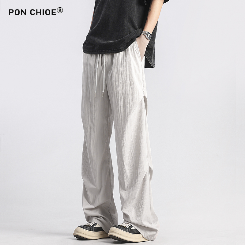 ponchioe夏季冰丝裤子降落伞兵裤宽松直筒休闲裤男女垂感拖地长裤