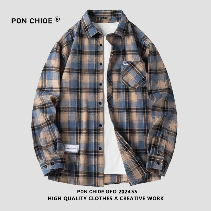 ponchioe美式格子长袖衬衫男潮牌高街oversize衬衣慵懒风情侣外套