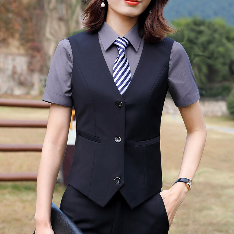 西装马甲女夏薄款职业黑色马夹套装工作服酒店背心坎肩两件套