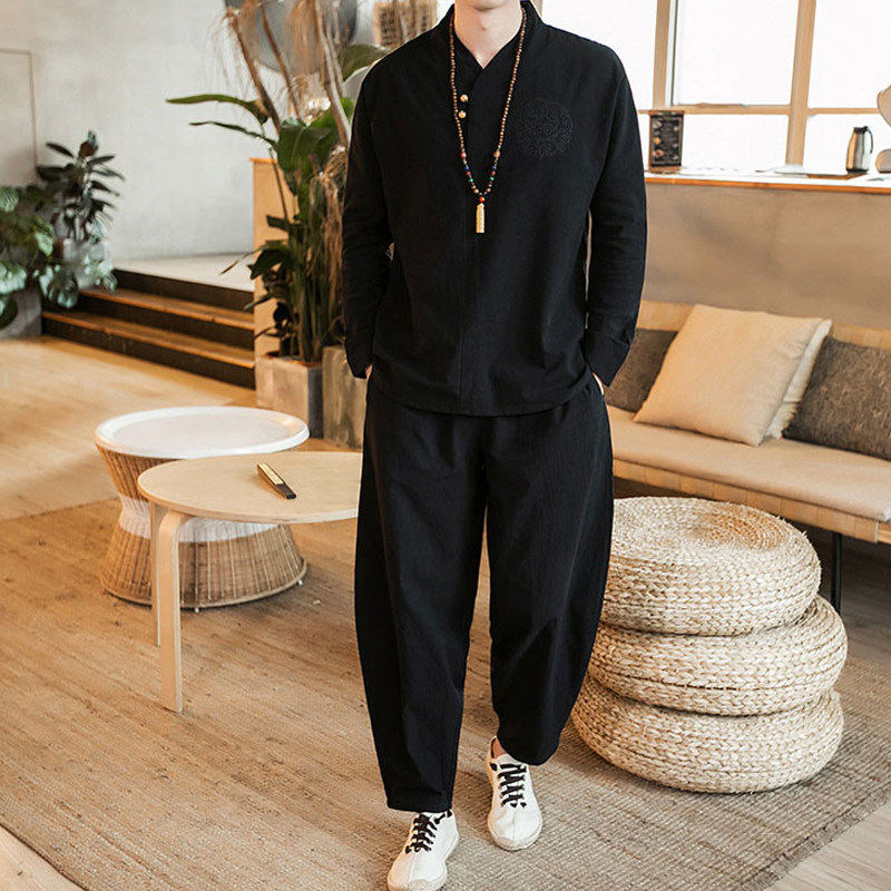 亚麻长袖t恤男士春秋季大码中国风刺绣汉服宽松棉麻套装居士禅服