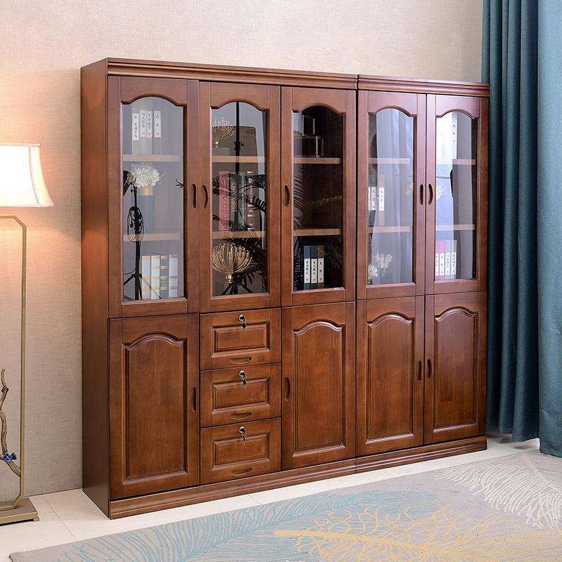 实木书柜书架落地带玻璃门带锁五门组合客厅书房办公室档案置物架