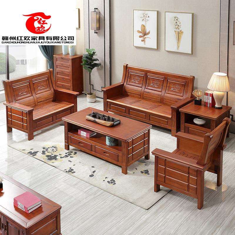 全实木沙发组合客厅家具中式仿古雕花储物香樟木转角贵妃沙发直销