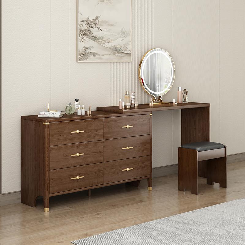 新中式梳妆台斗柜收纳一体多功能转角化妆台实木色可伸缩化妆桌