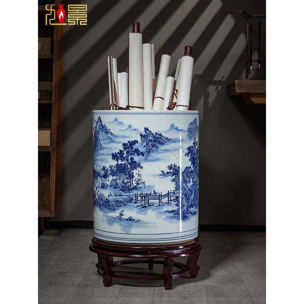 箭筒字画10043363画青缸花瓷花瓶新中式房书字卷轴景德镇缸画缸摆