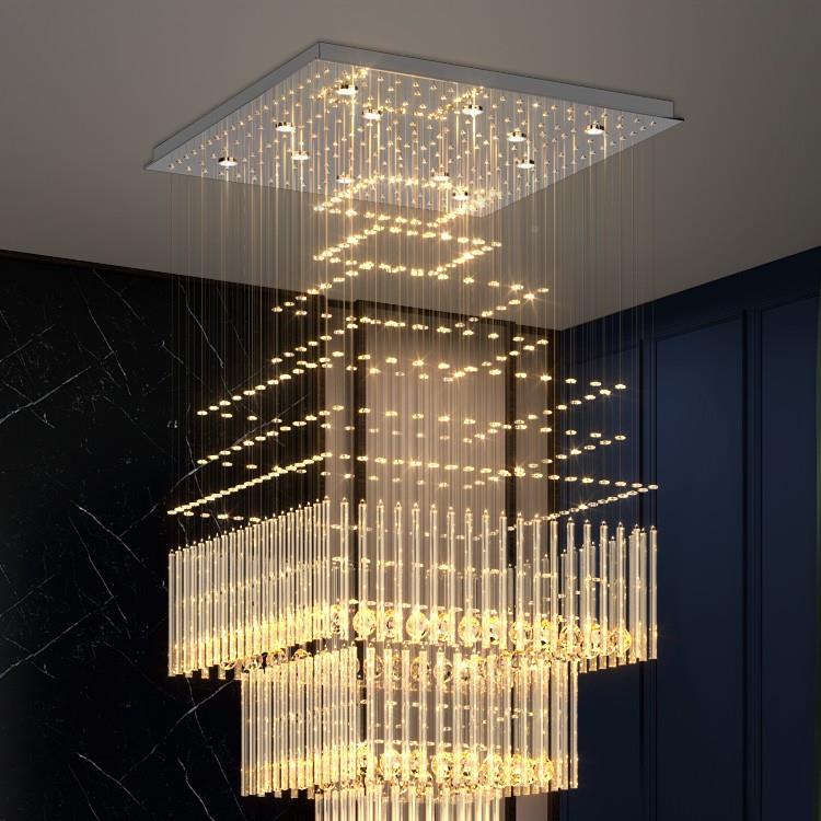 复式楼大吊灯现代简方约大气墅别大客厅中楼866水晶形楼梯间长吊