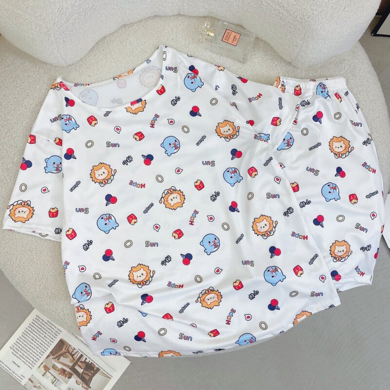 孙颖莎周边卡通狮子牛奶丝睡衣女睡衣/家居服套装