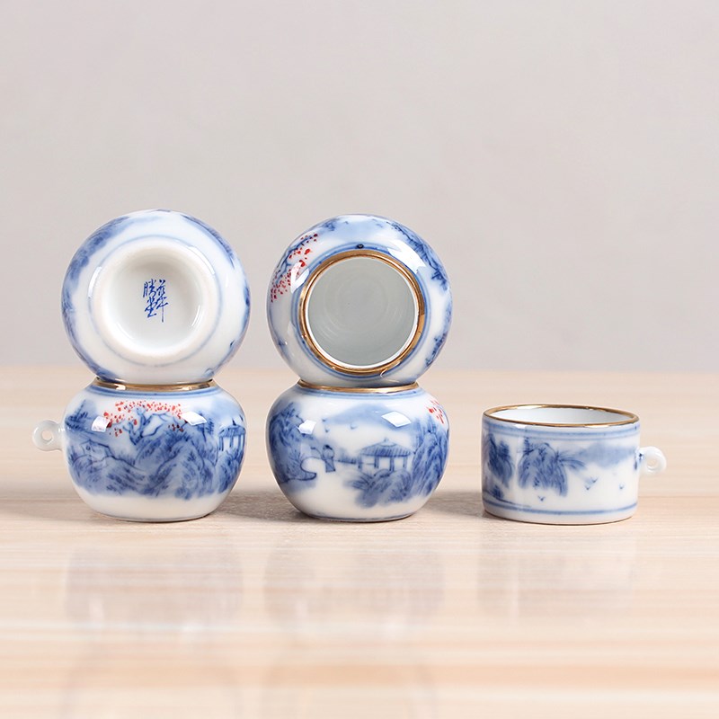 华胜堂 景德镇手绘青花描金口山水五件套红子罐鸟食罐 鸟笼配件