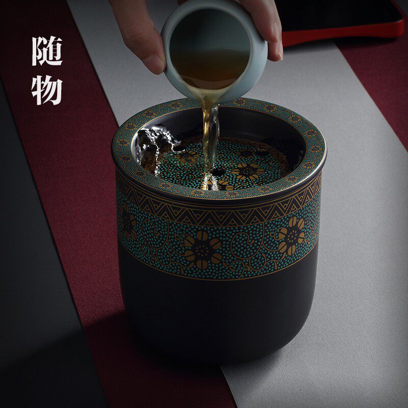 藏风陶瓷水盂茶洗带盖茶渣斗干泡建水功夫茶具配件茶道茶水废水缸