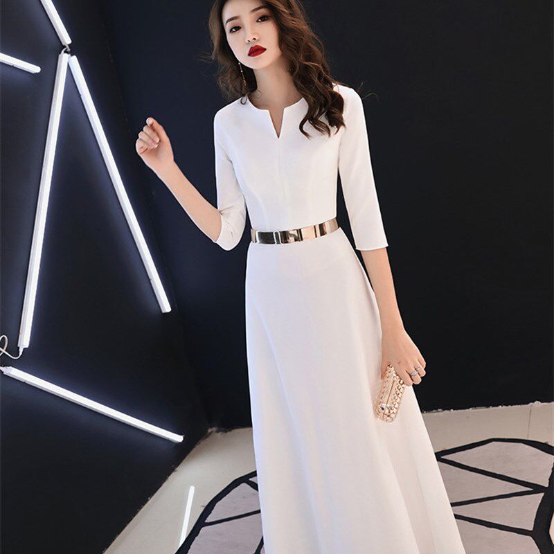 白色晚礼服2024新款女长裙长袖演出服姐妹裙聚会修身主持礼仪年会
