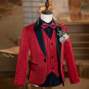 红色儿童西装套装钢琴演奏演出服男童走秀亮片花童春节主持人礼服