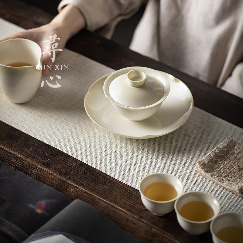 寻心中式复古青灰釉二才盖碗茶杯陶瓷家用手抓不烫手宽口小号茶碗