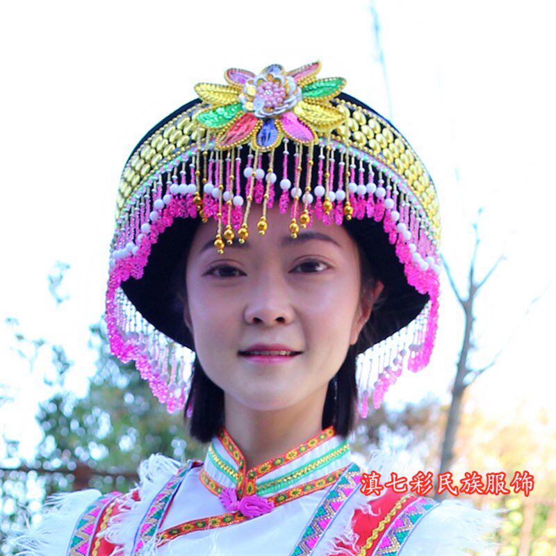 精品苗族帽黑色圆盘帽子手工串珠民族女帽云南贵州民族服装配饰帽