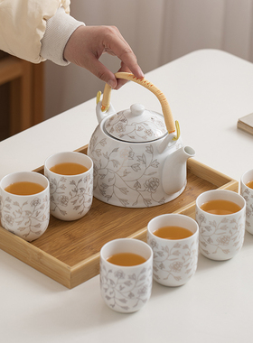 送竹托中式提梁壶茶具套装家用陶瓷复古整套功夫简约茶壶茶杯6只