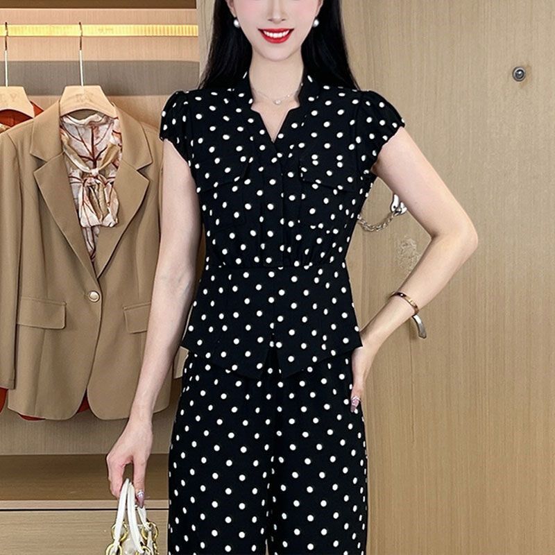 2024夏季新款小个子气质显瘦短袖波点上衣阔腿裤子休闲两件套装女