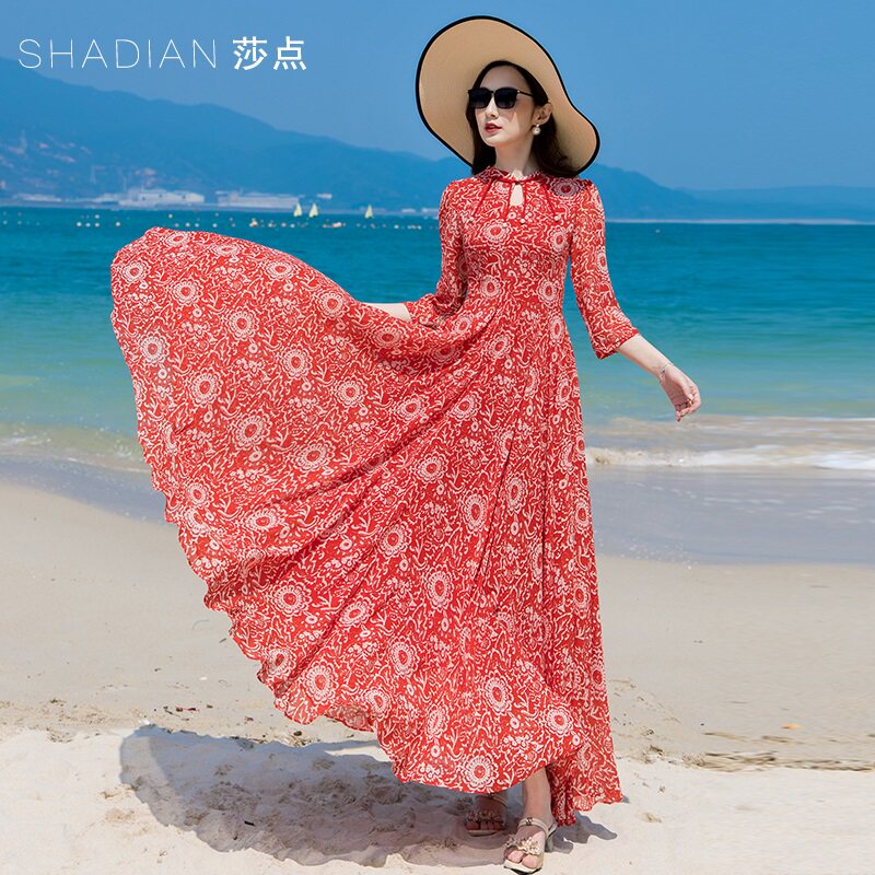 红色新中式国风旗袍连衣裙长款女2023新款雪纺长裙大摆海边沙滩裙