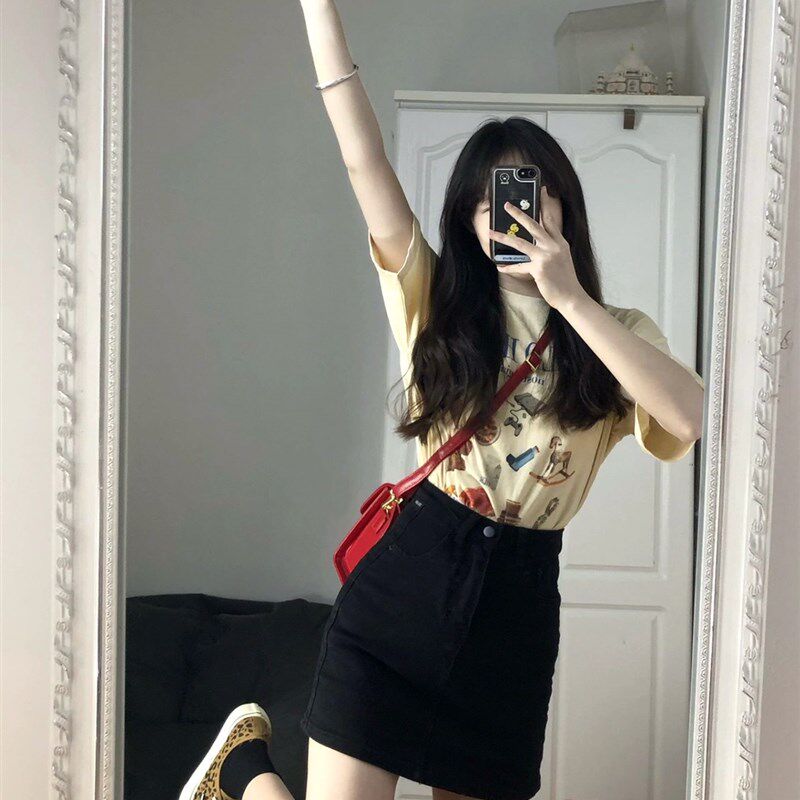 黑色高腰牛仔短裙女夏季大码胖mm显瘦遮肚a字包臀小个子半身裙子