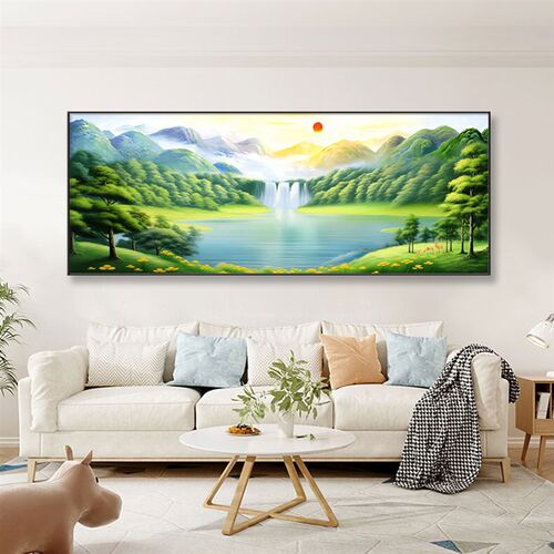 青山绿水聚宝盆装饰画客厅沙发背景墙山水挂画流水生财壁画靠山图