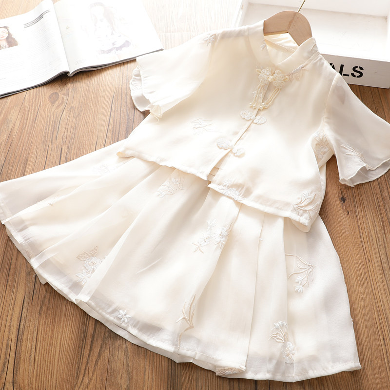 女童国风精致提花网纱娃娃衫半身裙夏装2024新款女孩汉服复古套装