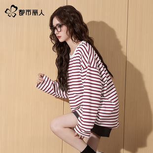 都市丽人条纹长袖t恤女春装女款2026新款打底衫夏季纯棉宽松上衣Y